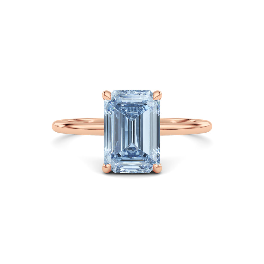 Rose gold Fancy Blue Emerald Cut Diamond Hidden Halo Solitaire Engagement Ring with Prong Setting