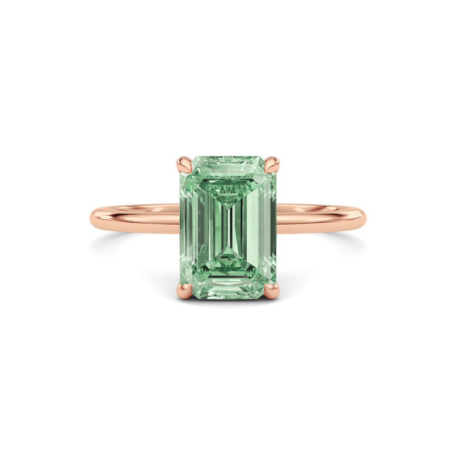 Rose gold Fancy Green Emerald Cut Diamond Hidden Halo Solitaire Engagement Ring with Prong Setting