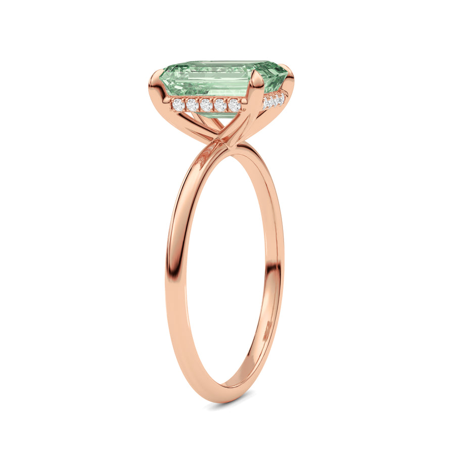 Rose gold Fancy Green Emerald Cut Diamond Hidden Halo Solitaire Engagement Ring with Prong Setting