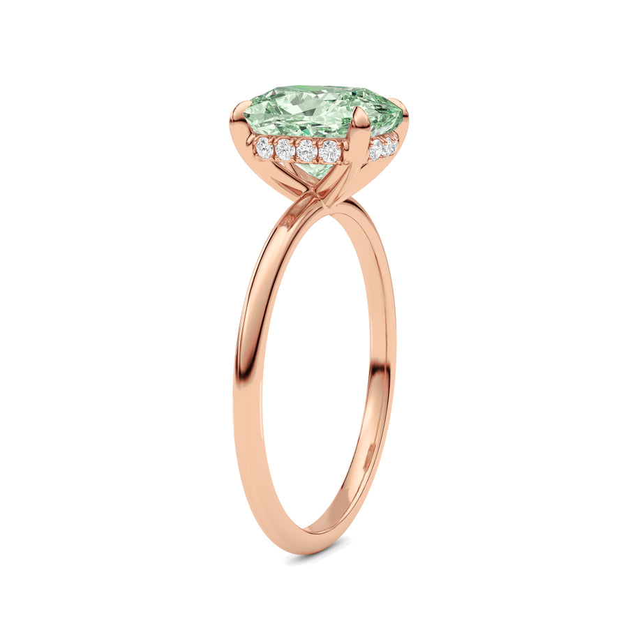 Rose gold Fancy Green Cushion Cut Diamond Hidden Halo Solitaire Engagement Ring with Prong Setting
