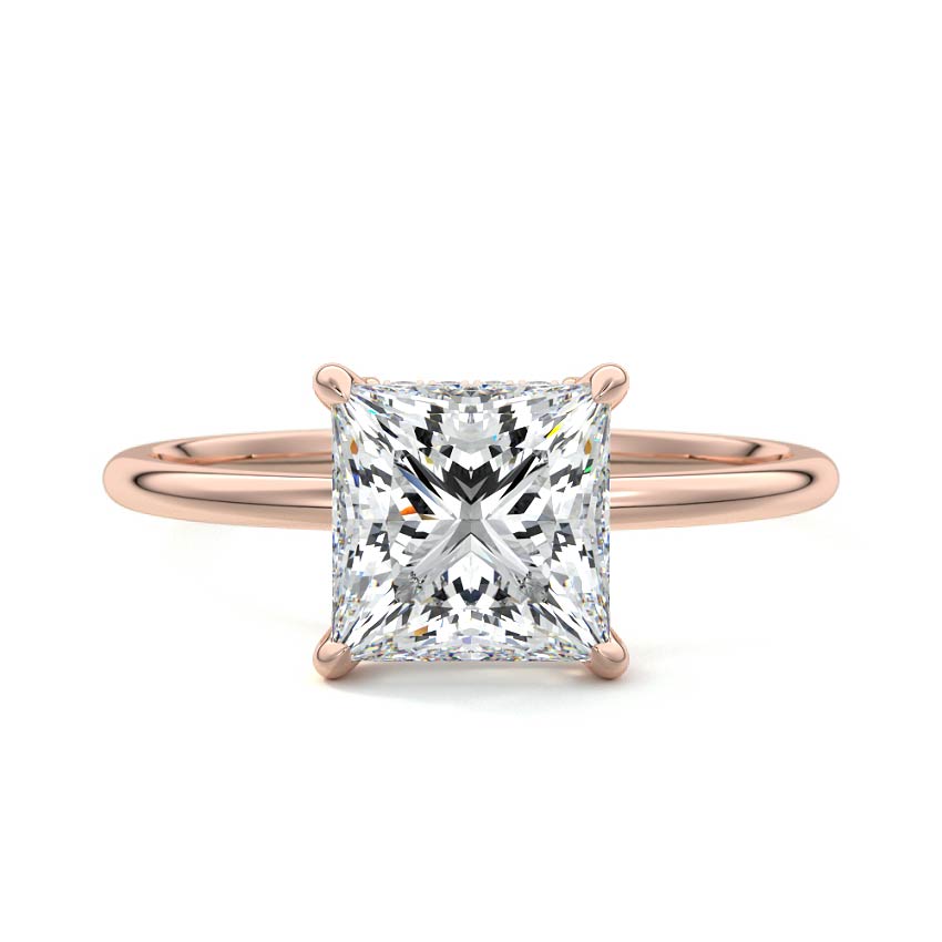 Rose gold Princess Diamond Hidden Halo Solitaire Engagement Ring with Prong Setting