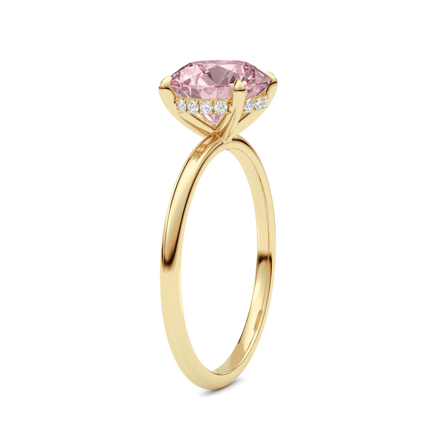 Yellow gold Fancy Pink Round Cut Diamond Hidden Halo Solitaire Engagement Ring with Prong Setting