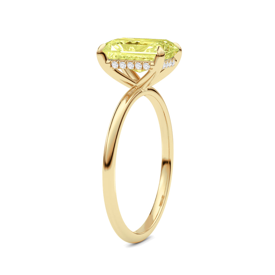 Yellow gold Fancy Yellow Radiant Cut Diamond Hidden Halo Solitaire Engagement Ring with Prong Setting