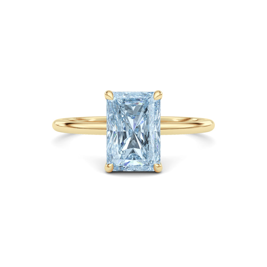 Yellow gold Fancy Blue Radiant Cut Diamond Hidden Halo Solitaire Engagement Ring with Prong Setting