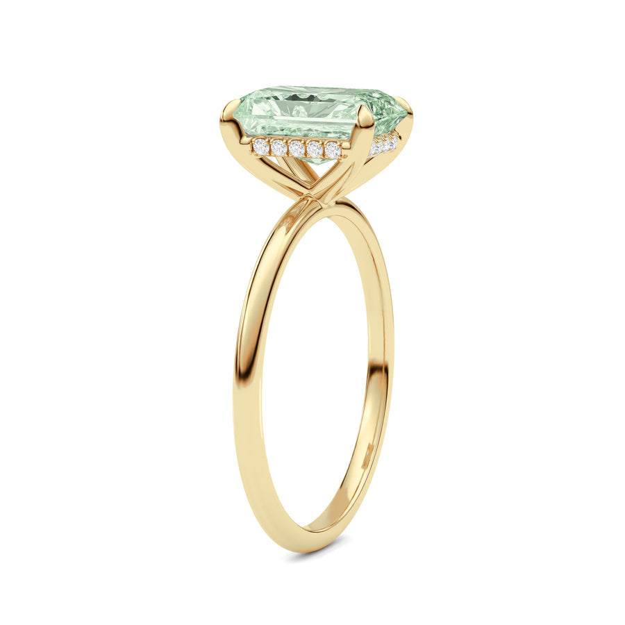 Yellow gold Fancy Green Radiant Cut Diamond Hidden Halo Solitaire Engagement Ring with Prong Setting