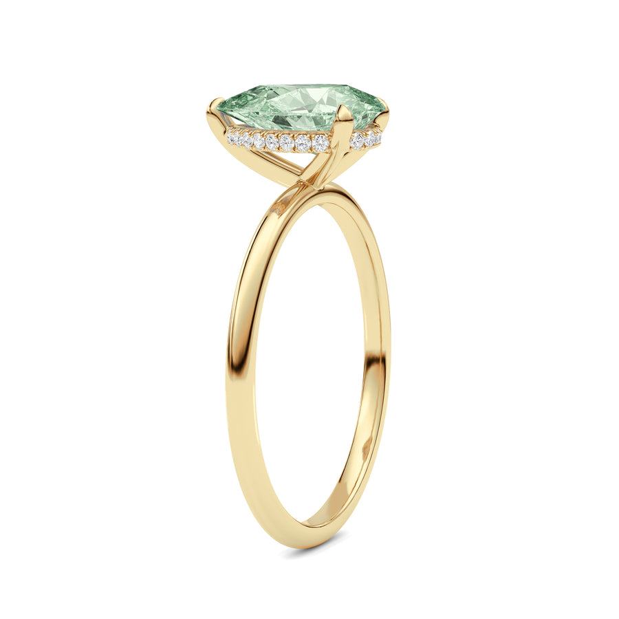 Yellow gold Fancy Green Pear Cut Diamond Hidden Halo Solitaire Engagement Ring with Prong Setting