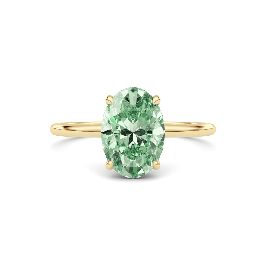 Yellow gold Fancy Green Oval Cut Diamond Hidden Halo Solitaire Engagement Ring with Prong Setting