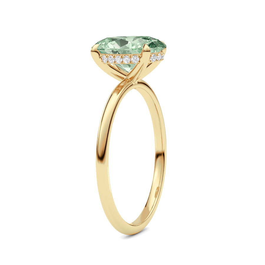 Yellow gold Fancy Green Oval Cut Diamond Hidden Halo Solitaire Engagement Ring with Prong Setting