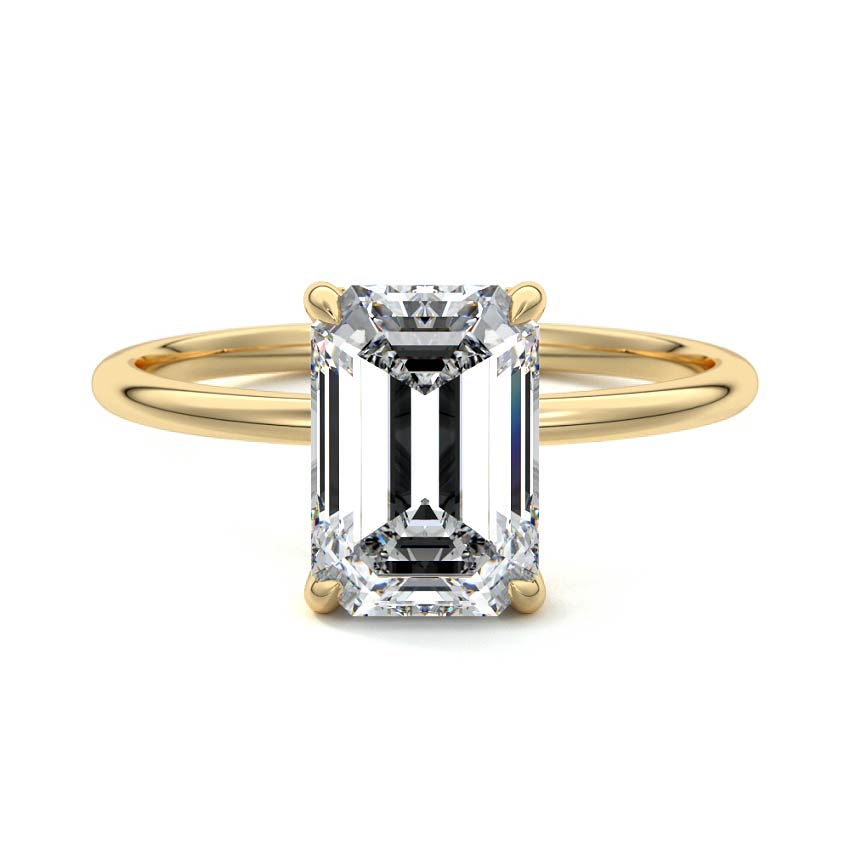 Yellow gold Emerald Diamond Hidden Halo Solitaire Engagement Ring with Prong Setting
