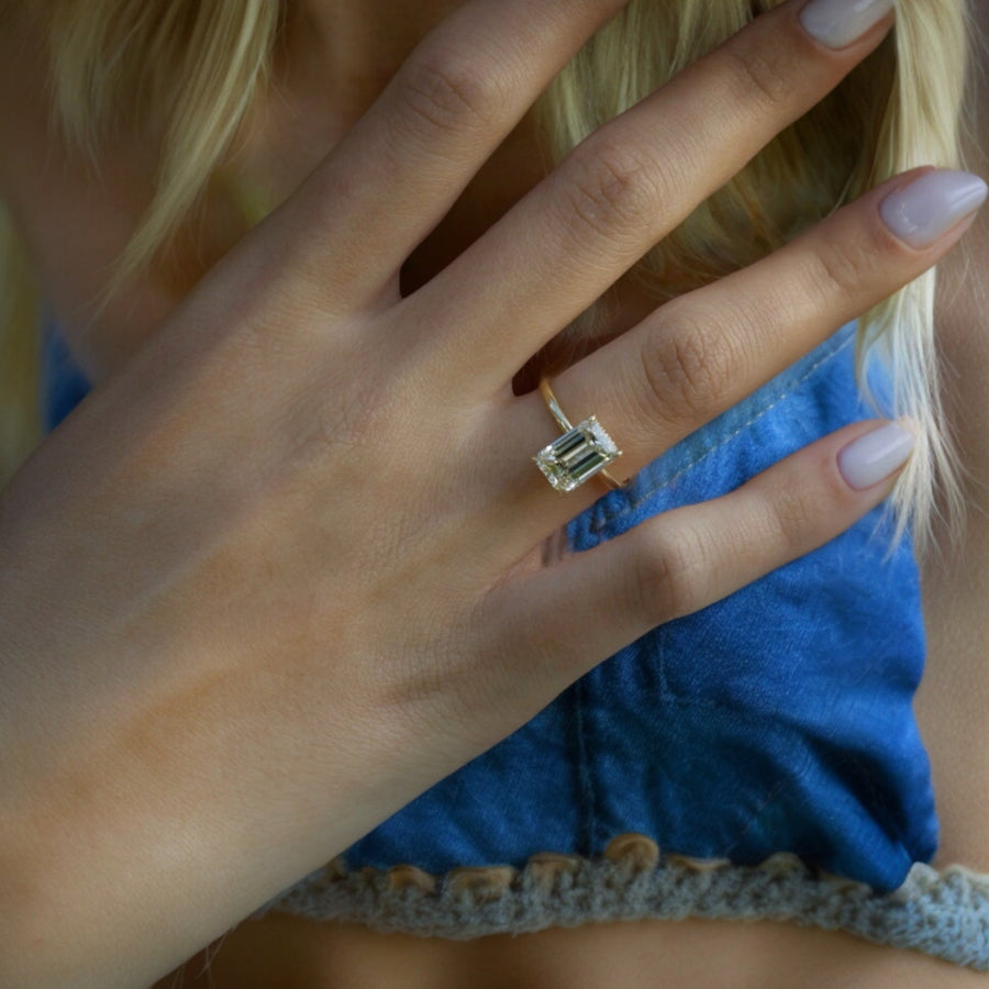 Yellow gold Emerald Diamond Hidden Halo Solitaire Engagement Ring with Prong Setting