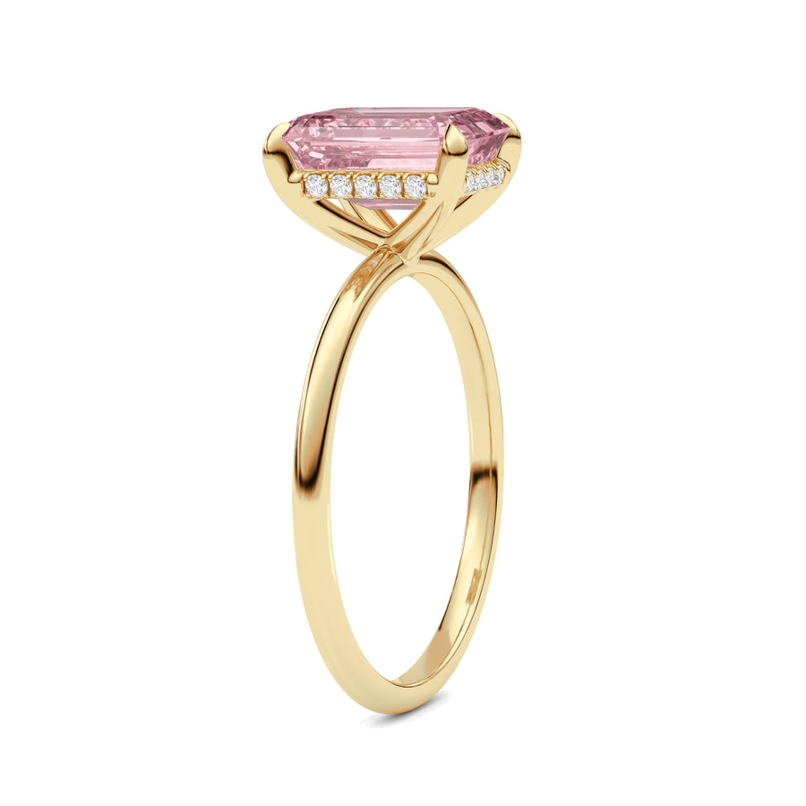 Yellow gold Fancy Pink Emerald Cut Diamond Hidden Halo Solitaire Engagement Ring with Prong Setting