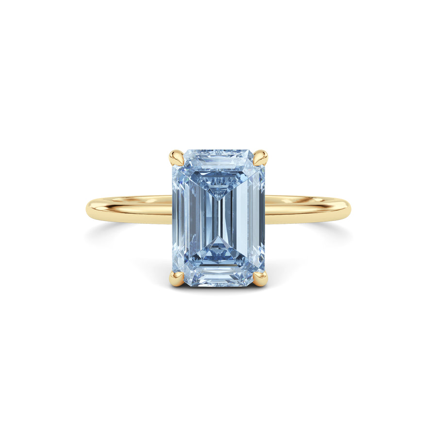 Yellow gold Fancy Blue Emerald Cut Diamond Hidden Halo Solitaire Engagement Ring with Prong Setting