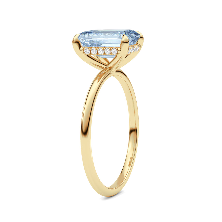 Yellow gold Fancy Blue Emerald Cut Diamond Hidden Halo Solitaire Engagement Ring with Prong Setting