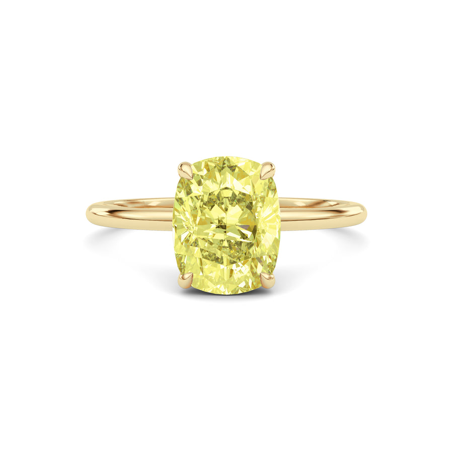 Yellow gold Fancy Yellow Cushion Cut Diamond Hidden Halo Solitaire Engagement Ring with Prong Setting