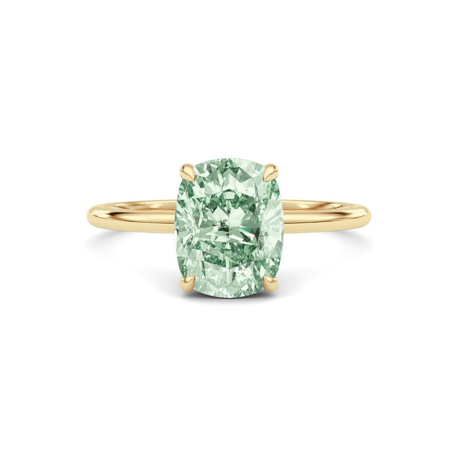 Yellow gold Fancy Green Cushion Cut Diamond Hidden Halo Solitaire Engagement Ring with Prong Setting