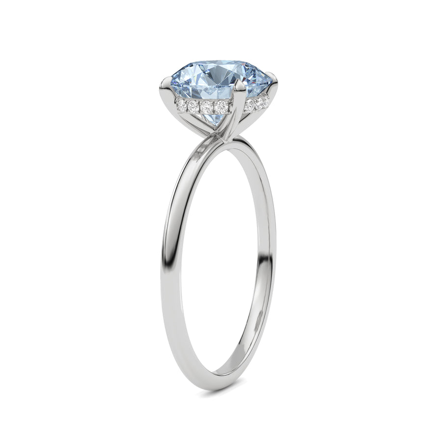 White gold Fancy Blue Round Cut Diamond Hidden Halo Solitaire Engagement Ring with Prong Setting