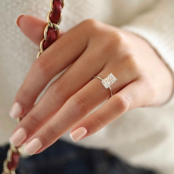 White gold Radiant Diamond Hidden Halo Solitaire Engagement Ring with Prong Setting