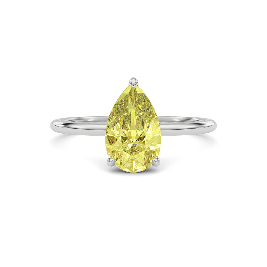 White gold Fancy Yellow Pear Cut Diamond Hidden Halo Solitaire Engagement Ring with Prong Setting