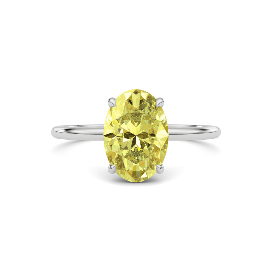 White gold Fancy Yellow Oval Cut Diamond Hidden Halo Solitaire Engagement Ring with Prong Setting
