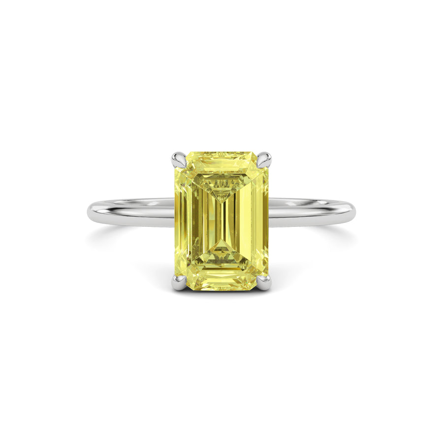 White gold Fancy Yellow Emerald Cut Diamond Hidden Halo Solitaire Engagement Ring with Prong Setting