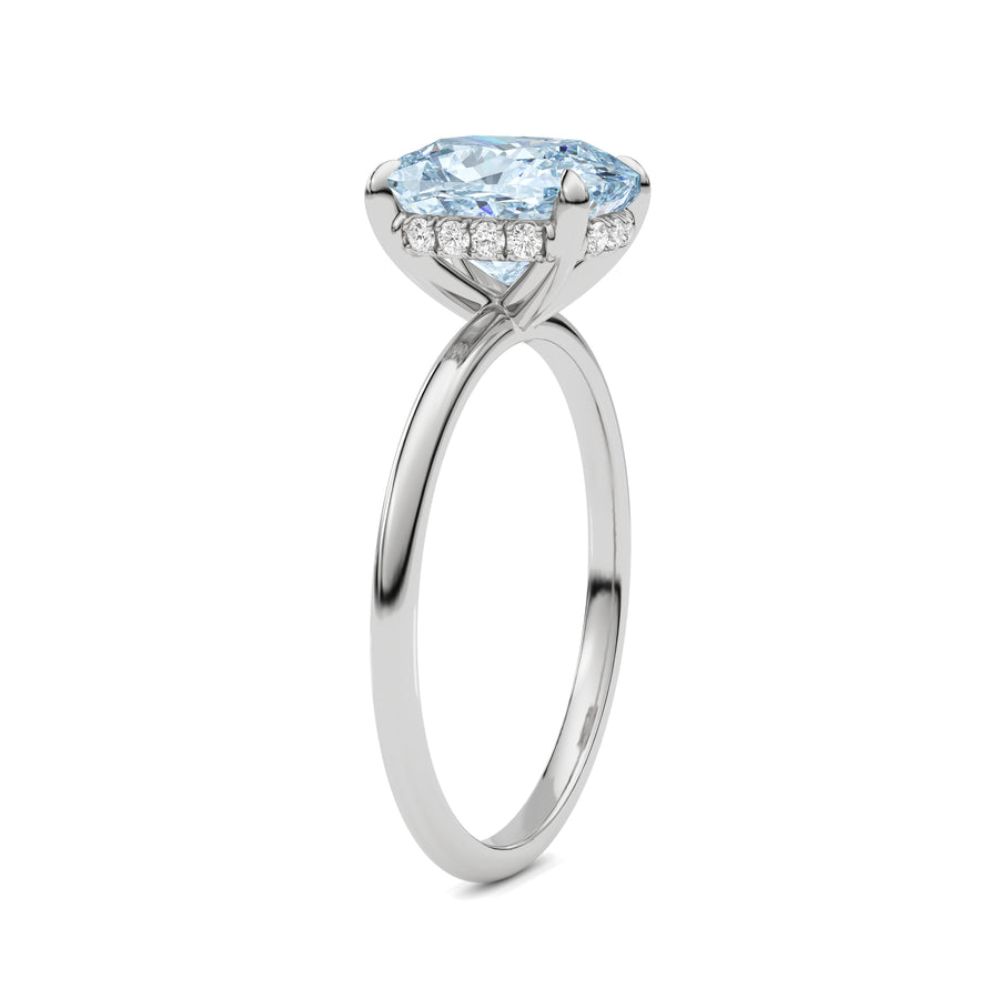 White gold Fancy Blue Cushion Cut Diamond Hidden Halo Solitaire Engagement Ring with Prong Setting