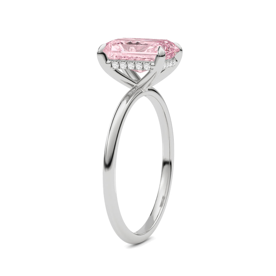 Silver Fancy Pink Radiant Cut Diamond Hidden Halo Solitaire Engagement Ring with Prong Setting