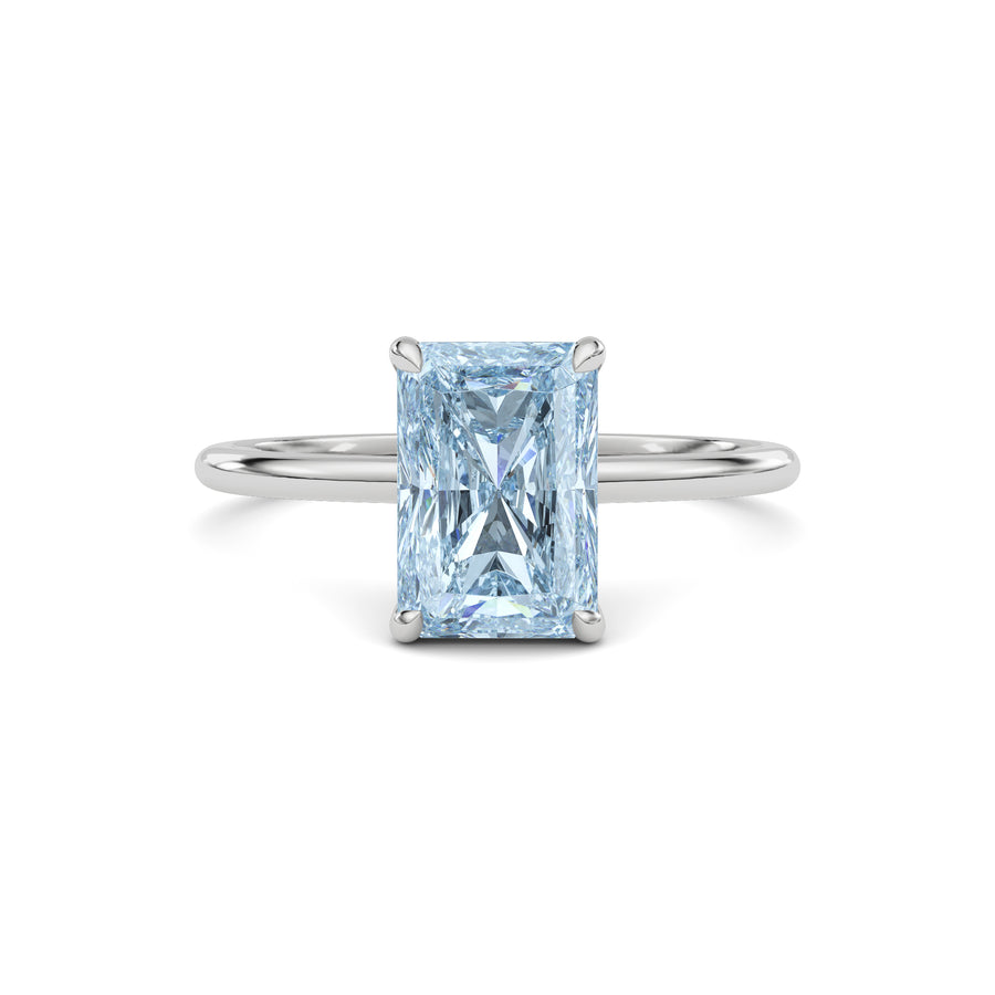 Silver Fancy Blue Radiant Cut Diamond Hidden Halo Solitaire Engagement Ring with Prong Setting