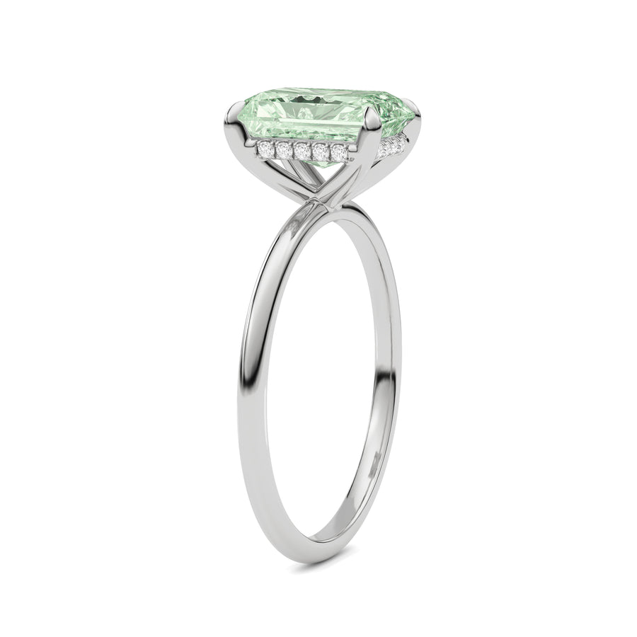 Silver Fancy Green Radiant Cut Diamond Hidden Halo Solitaire Engagement Ring with Prong Setting