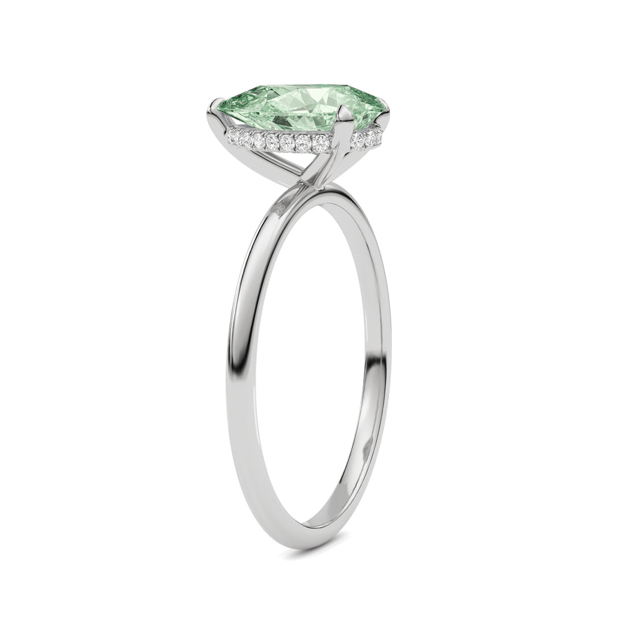 Silver Fancy Green Pear Cut Diamond Hidden Halo Solitaire Engagement Ring with Prong Setting