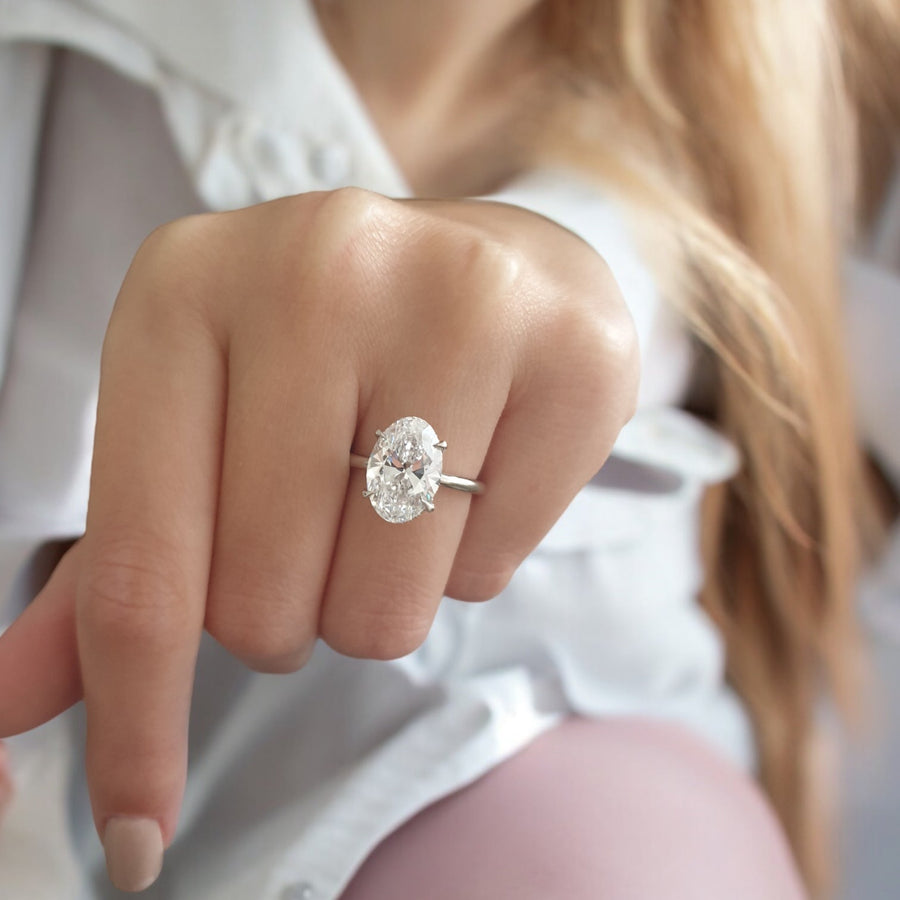 Silver Oval Diamond Hidden Halo Solitaire Engagement Ring with Prong Setting
