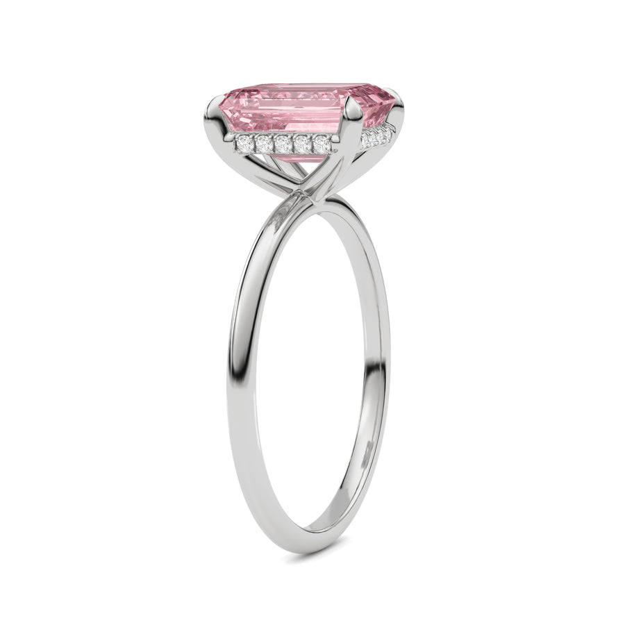Silver Fancy Pink Emerald Cut Diamond Hidden Halo Solitaire Engagement Ring with Prong Setting
