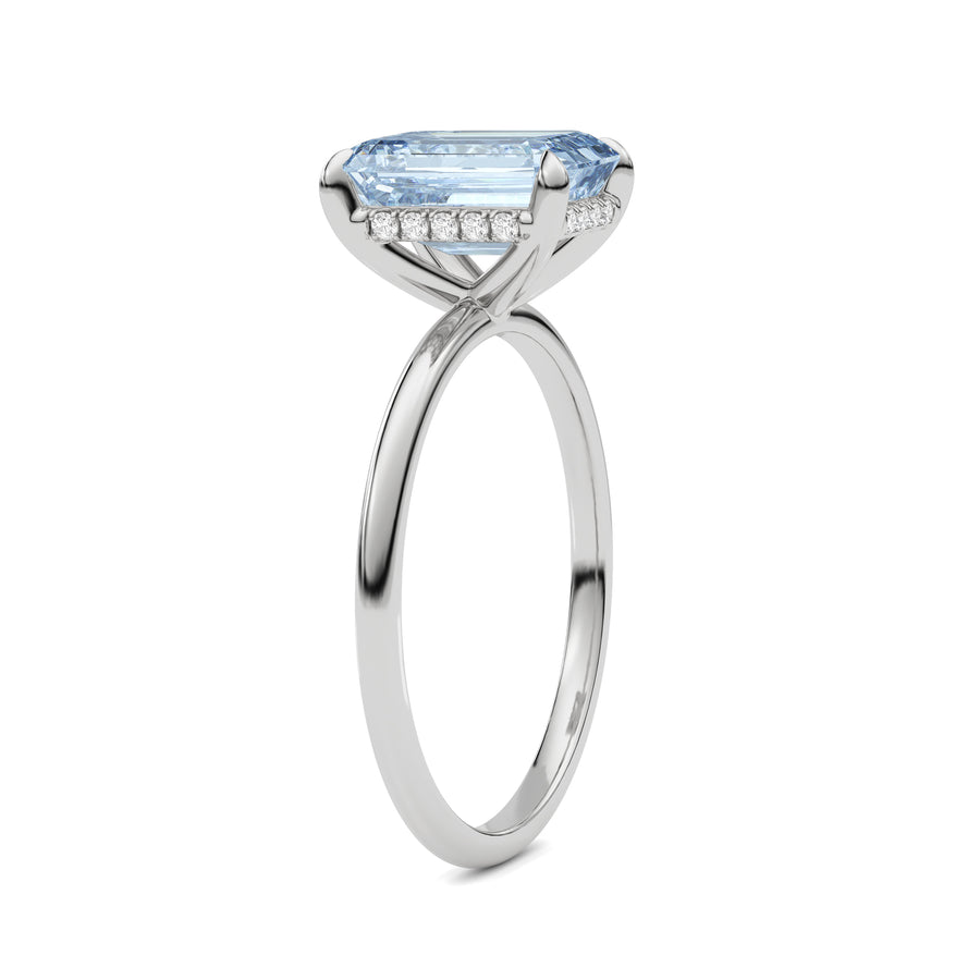Silver Fancy Blue Emerald Cut Diamond Hidden Halo Solitaire Engagement Ring with Prong Setting