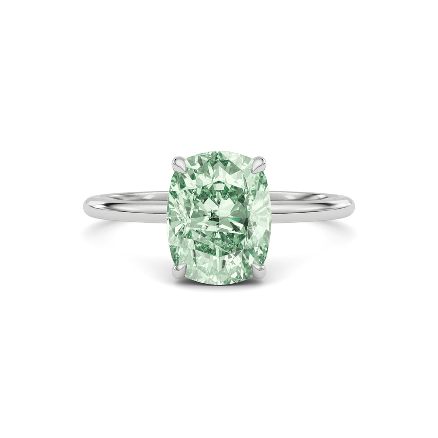 Silver Fancy Green Cushion Cut Diamond Hidden Halo Solitaire Engagement Ring with Prong Setting