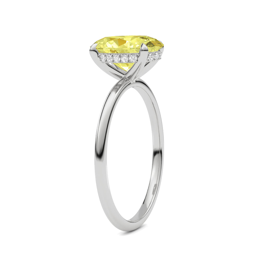 Platinum Fancy Yellow Oval Cut Diamond Hidden Halo Solitaire Engagement Ring with Prong Setting