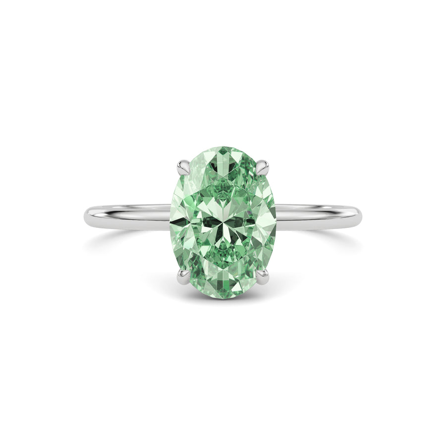 Platinum Fancy Green Oval Cut Diamond Hidden Halo Solitaire Engagement Ring with Prong Setting