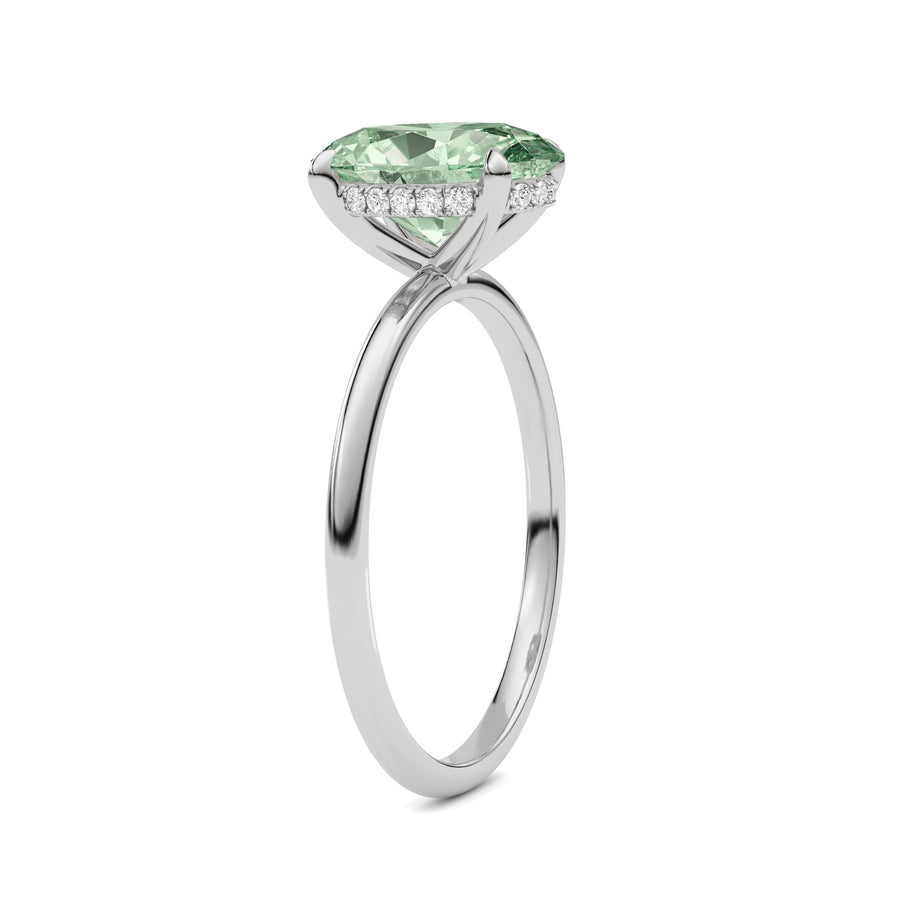 Platinum Fancy Green Oval Cut Diamond Hidden Halo Solitaire Engagement Ring with Prong Setting