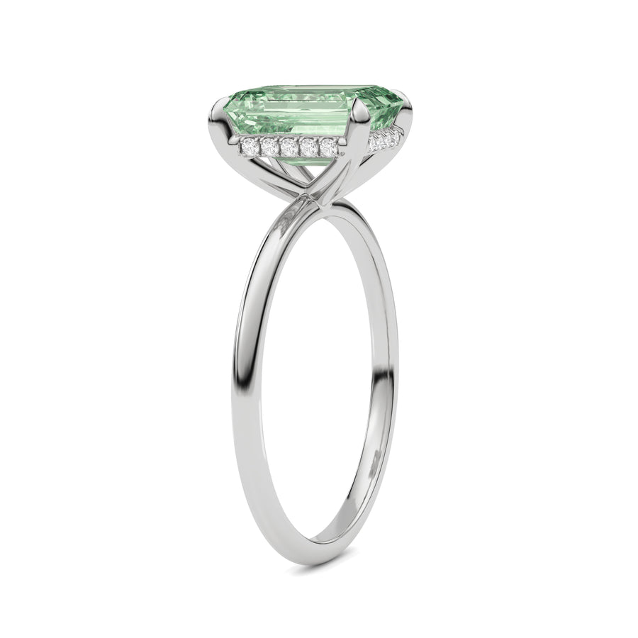 Platinum Fancy Green Emerald Cut Diamond Hidden Halo Solitaire Engagement Ring with Prong Setting
