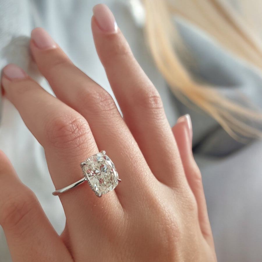 Platinum Cushion Diamond Hidden Halo Solitaire Engagement Ring with Prong Setting