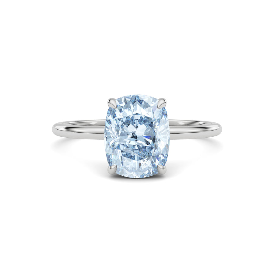 Platinum Fancy Blue Cushion Cut Diamond Hidden Halo Solitaire Engagement Ring with Prong Setting