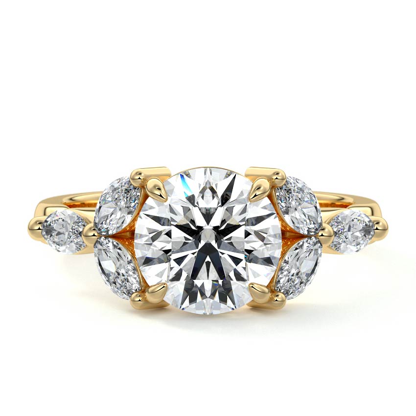 Yellow gold Multi-Stone Round Diamond Ring with Marquise Side Stones