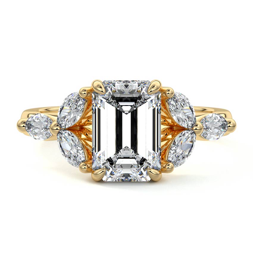 Yellow gold Multi-Stone Emerald Diamond Ring with Marquise Side Stones