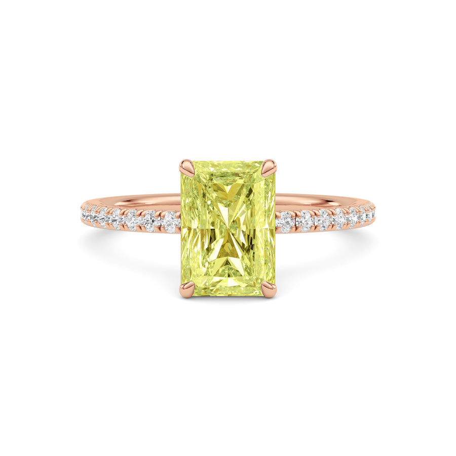 Rose gold Fancy Yellow Radiant Cut Diamond Solitaire with Pavé Band