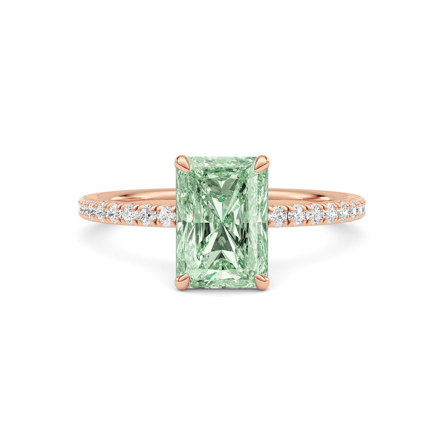 Rose gold Fancy Green Radiant Cut Diamond Solitaire with Pavé Band