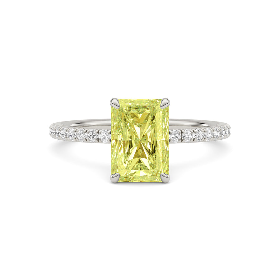Yellow gold Fancy Yellow Radiant Cut Diamond Solitaire with Pavé Band