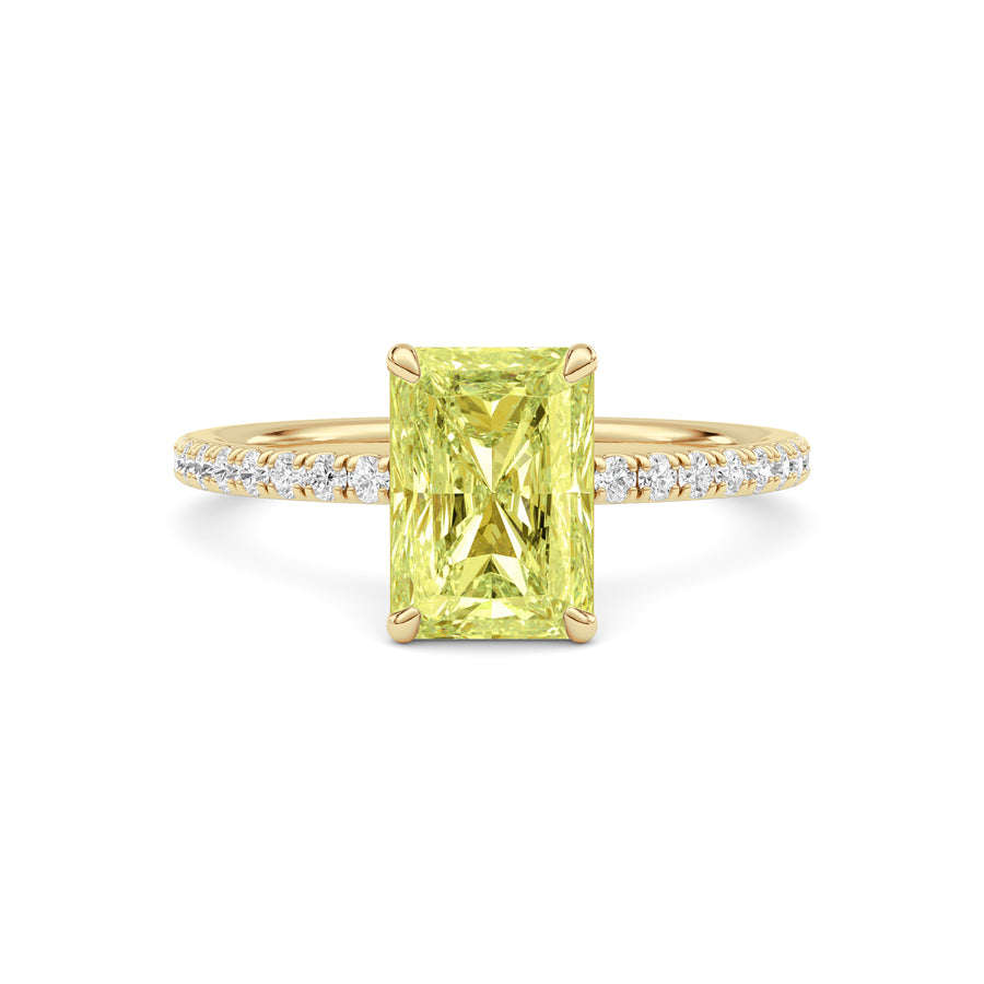 Yellow gold Fancy Yellow Radiant Cut Diamond Solitaire with Pavé Band