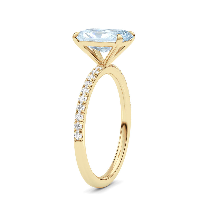 Yellow gold Fancy Blue Radiant Cut Diamond Solitaire with Pavé Band