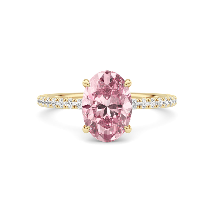 Yellow gold Fancy Pink Oval Cut Diamond Solitaire with Pavé Band