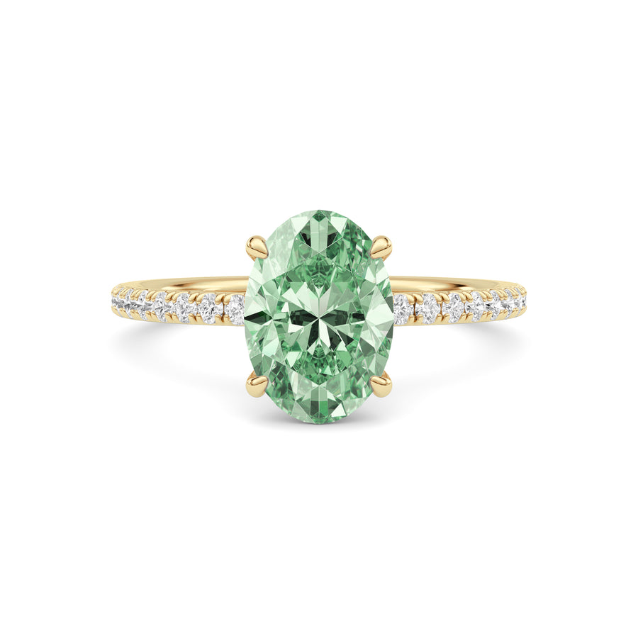 Yellow gold Fancy Green Oval Cut Diamond Solitaire with Pavé Band