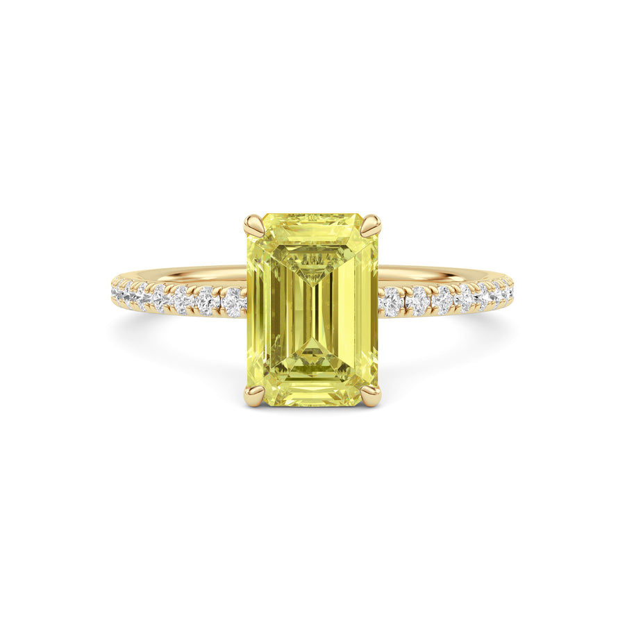 Yellow gold Fancy Yellow Emerald Cut Diamond Solitaire with Pavé Band