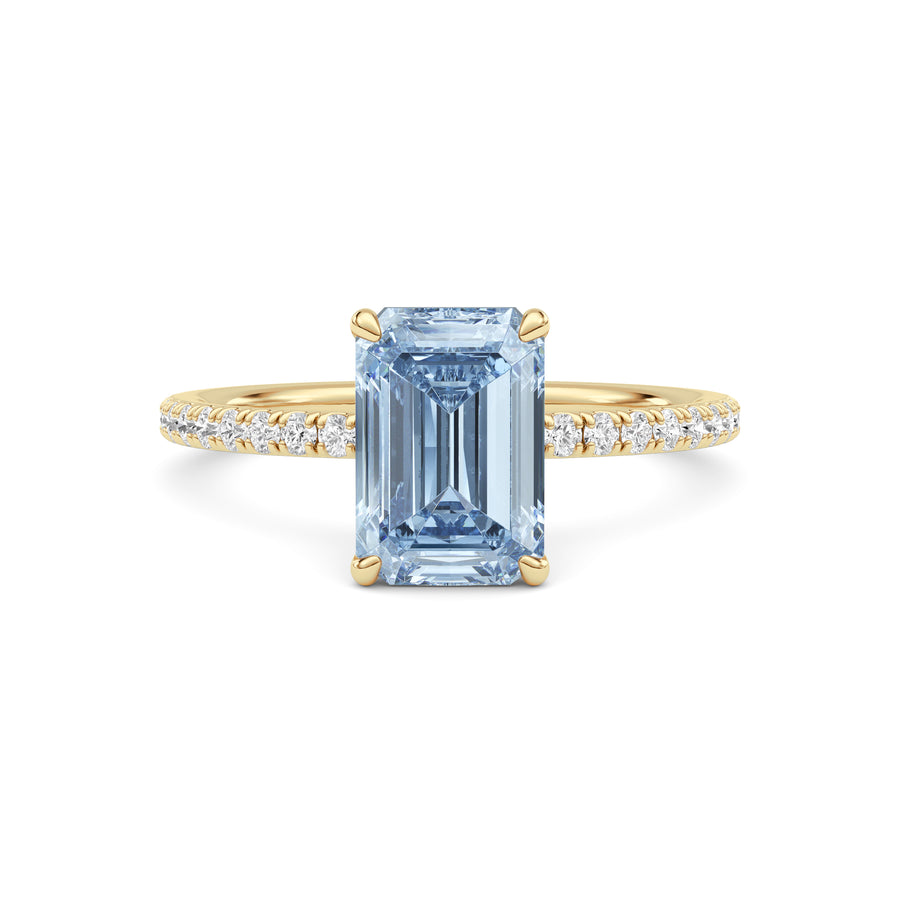 Yellow gold Fancy Blue Emerald Cut Diamond Solitaire with Pavé Band